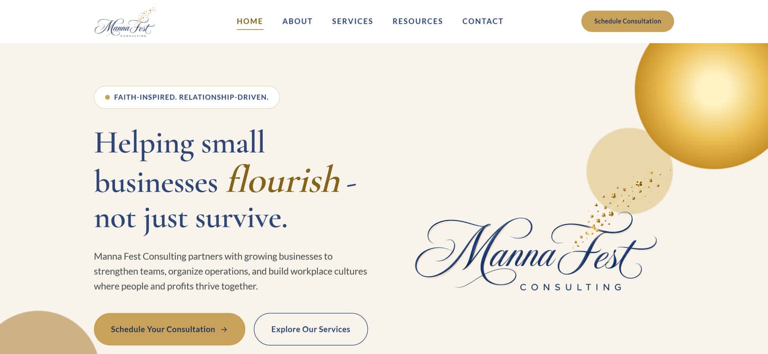 The Manna Fest Consulting homepage: a warm cream hero reading 'Helping small businesses flourish - not just survive.' in navy serif type, the word flourish set in gold italic, beside the Manna Fest script wordmark and two overlapping gold circles.